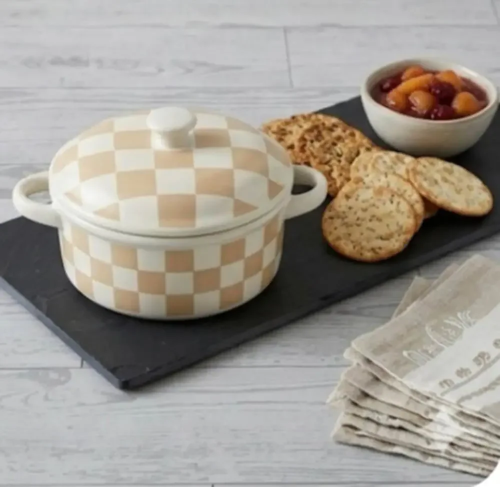 New La Cucina 2-Piece Checkered Mini Brie Baker Set & Spreader Gift Set